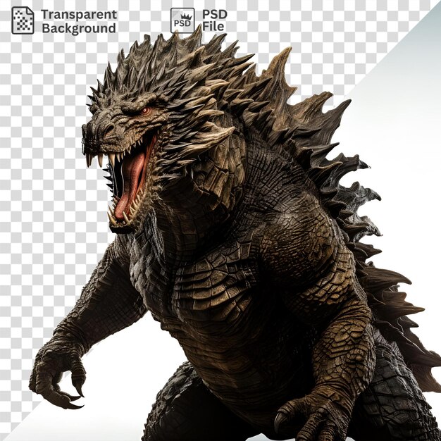 sfondo trasparente di una statua di Godzilla contro un cielo blu con un'ala marrone in primo piano