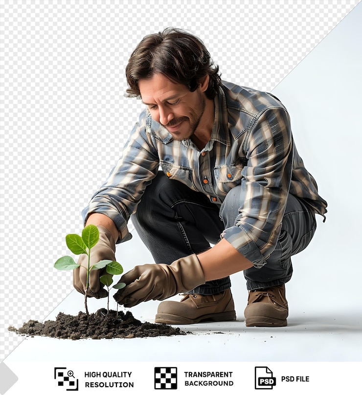 PSD sfondo trasparente giardiniere speranzoso che pianta una piccola piantina png