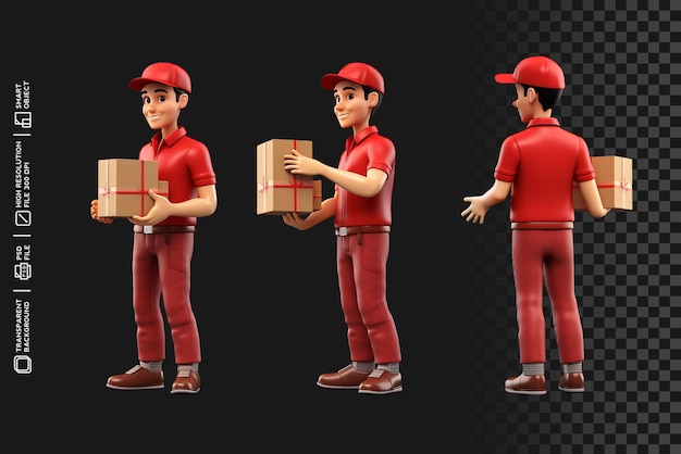 Sfondo trasparente isolato 3D Render Set di uomini di consegna che tengono l'imballaggio della scatola