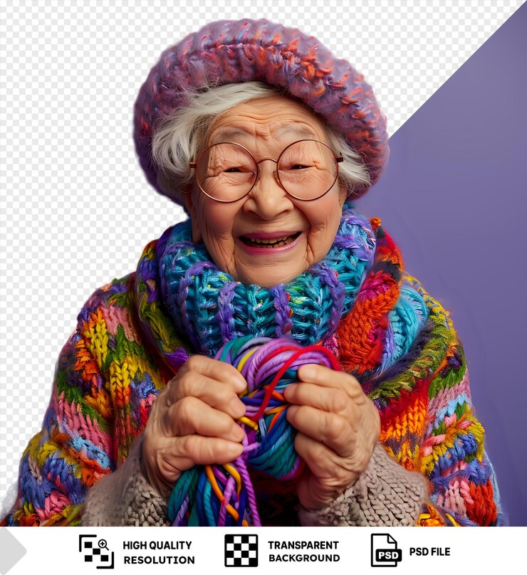 PSD sfondo trasparente psd donna anziana divertita che maglia filati colorati in un cappello a maglia png