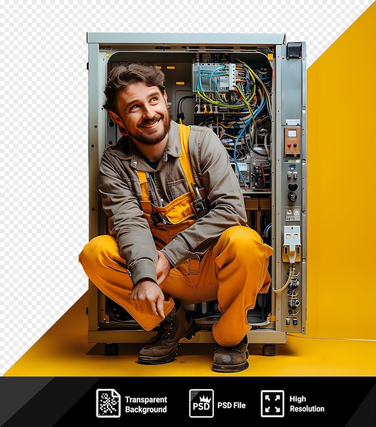 PSD sfondo trasparente tecnico di riparazione gioioso in un appartamento del cliente con una parete e un pavimento gialli indossando pantaloni gialli e scarpe nere e marroni e tenendo una mano al viso png psd