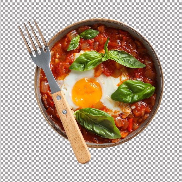 Shakshuka em garfo de tigela e copo de água na vista superior de fundo claro