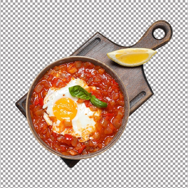 Shakshuka na tigela a bordo de limão copo de água e garfo na mão na vista superior de fundo branco
