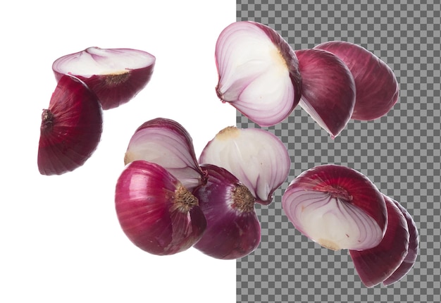 Shallots caen volar en el aire rojo especias de verduras frescas shallots cebolla flotante orgánico frescas hierbas shallots cabeza de raíz cortar cortar rodaja fondo blanco aislado congelar movimiento obturador de alta velocidad