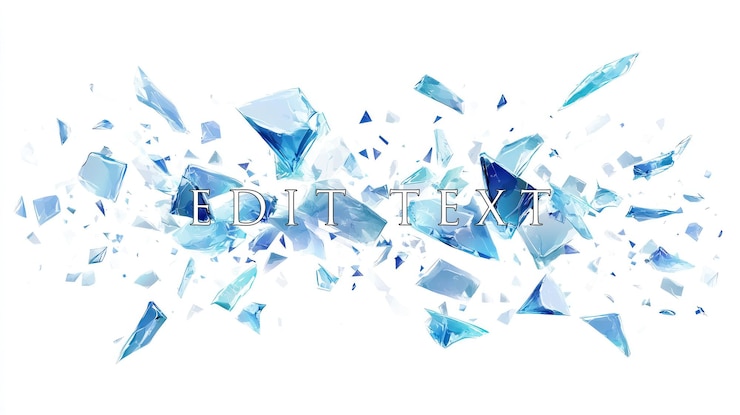 PSD shattered blue glass fragments explode against a white background