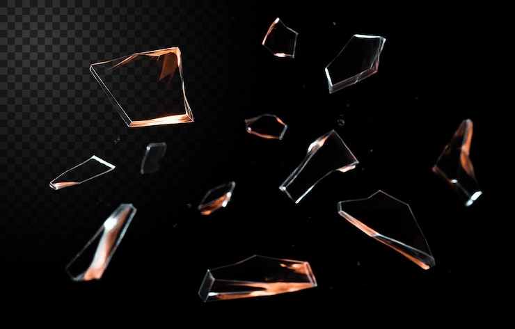 PSD shattered glass fragments on a dark backdrop