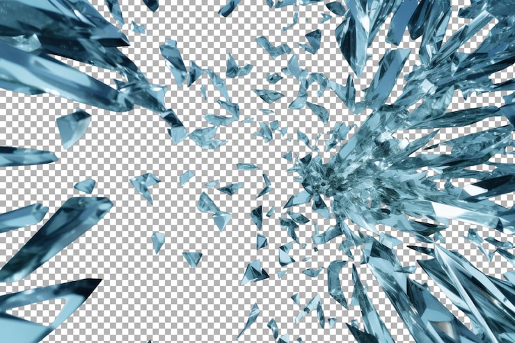 PSD shattered glass fragments scatter in all directions against a bright sky