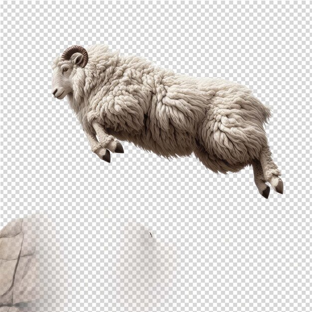 PSD a sheep is flying through the air with a tag on its ear