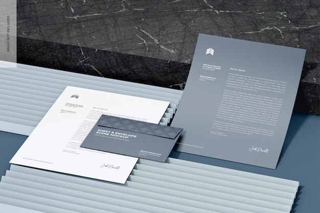 Sheet and Envelope Scene Mockup High Angle View