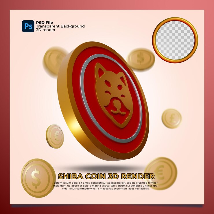PSD shiba inu crypto 3d render con elementos