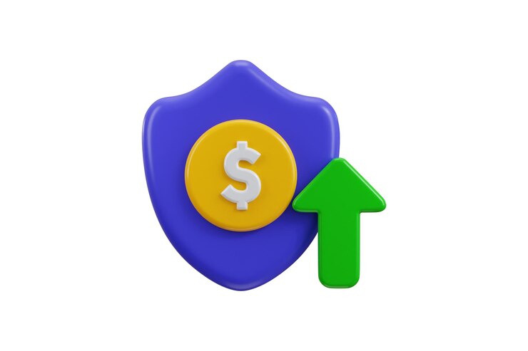 PSD shield and dollar gold coin with arrow up icon concept of protect business growth icon illustration