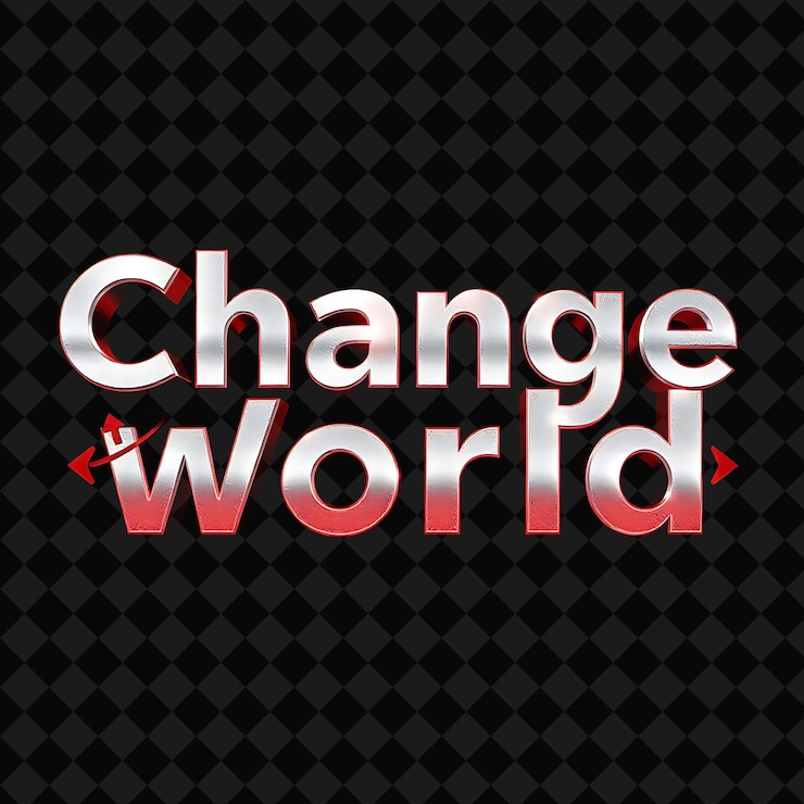 PSD shimmering change the world texto en plata metálica y rojo audaz con un globo de brillo reflectante y