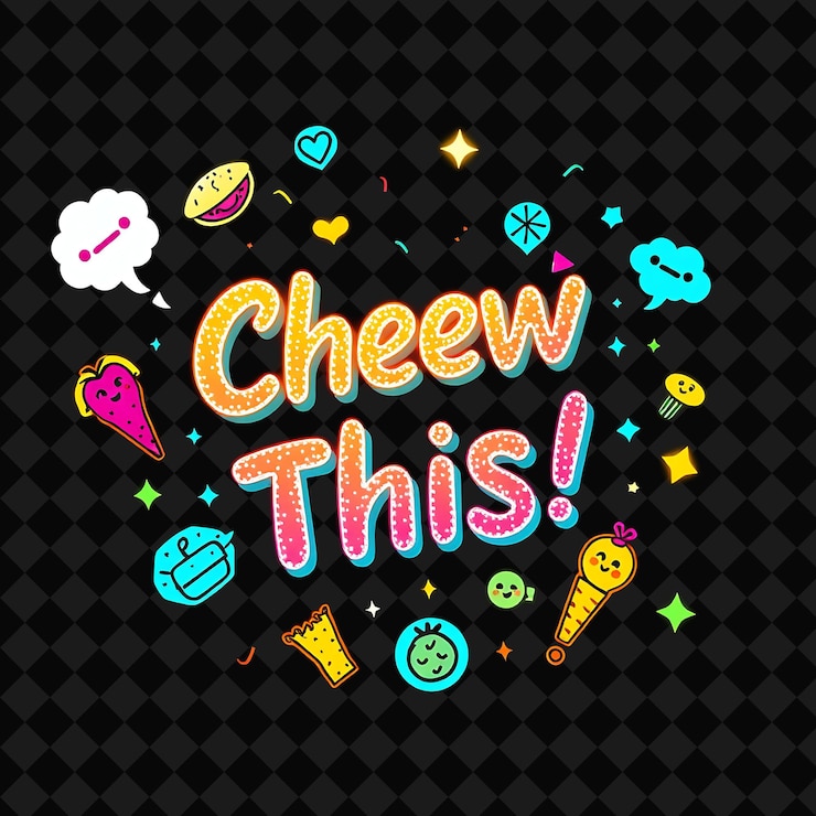 PSD shimmering chew en este texto brilla con neón multicolor acomp png inspirado en el neón de decoración de alimentos