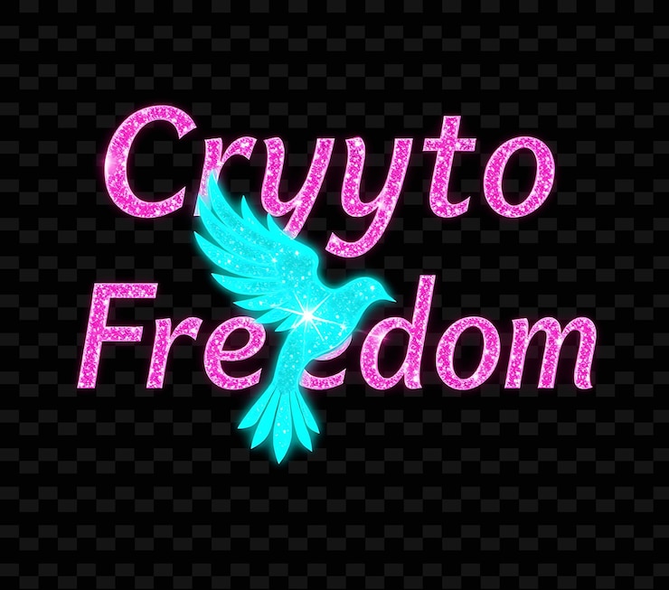 PSD shimmering crypto freedom texto en neón rosa caliente y menta fría con un pájaro reluciente y brillo