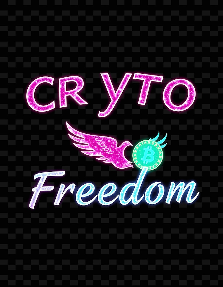 PSD shimmering crypto freedom texto en neón rosa caliente y menta fría con un pájaro reluciente y brillo