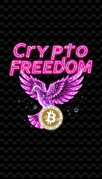 Shimmering Crypto Freedom Texto en neón rosa caliente y menta fría con un pájaro reluciente y brillo