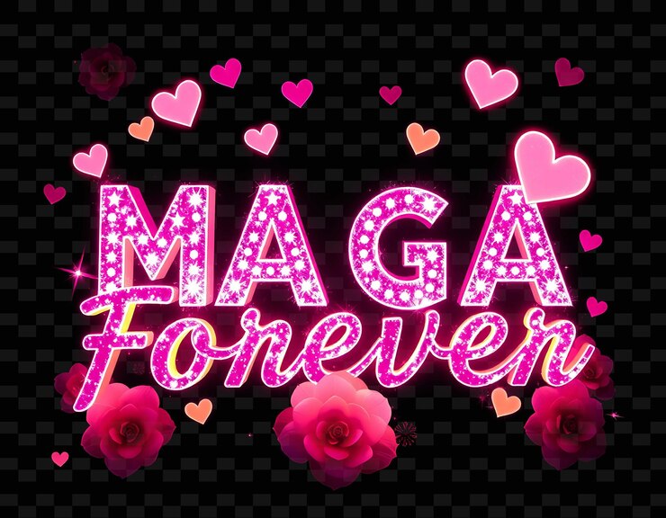 PSD shimmering maga forever text brilla con rosa neón y rosa caliente rodeado de corazones y flores