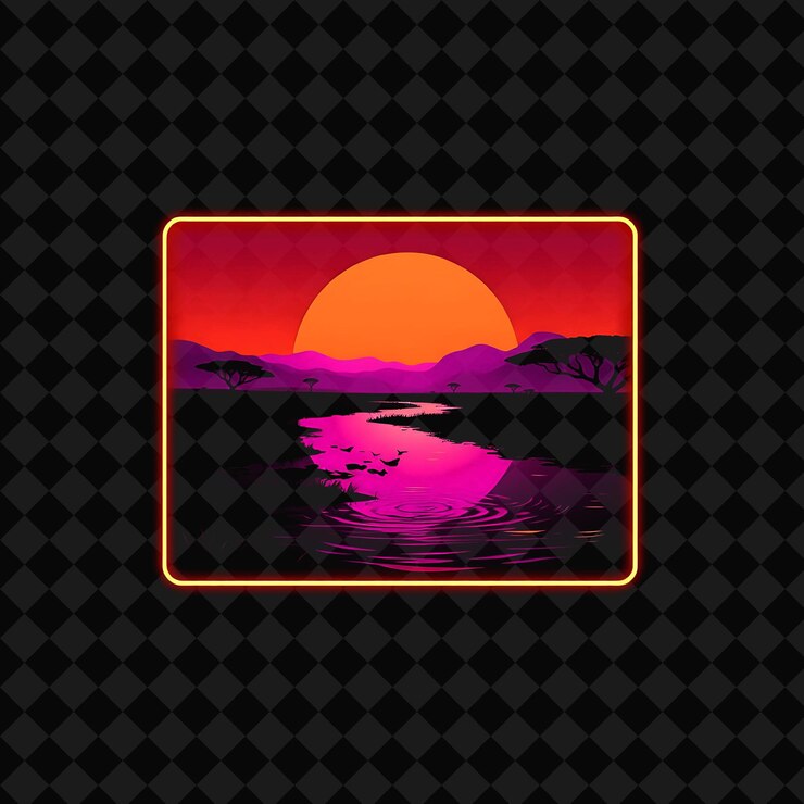 PSD shimmering neon savanna river inside a silhouette square landscape has glowing water with distant t