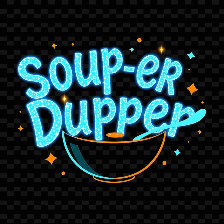 PSD shimmering soup er duper el texto brilla con azul de neón y brillante diseño de tipografía de neón cian delicioso