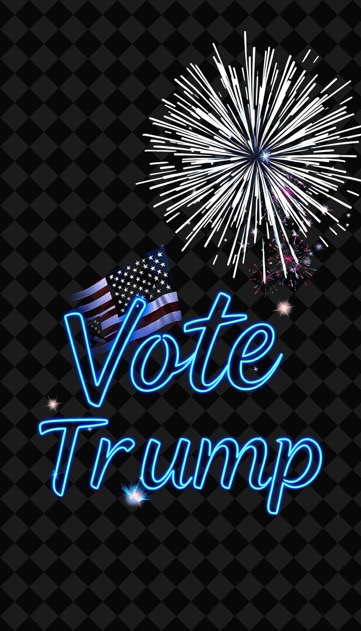 PSD shimmering vote trump texto en neón azul audaz y blanco brillante con fuegos artificiales eléctricos y un gleami
