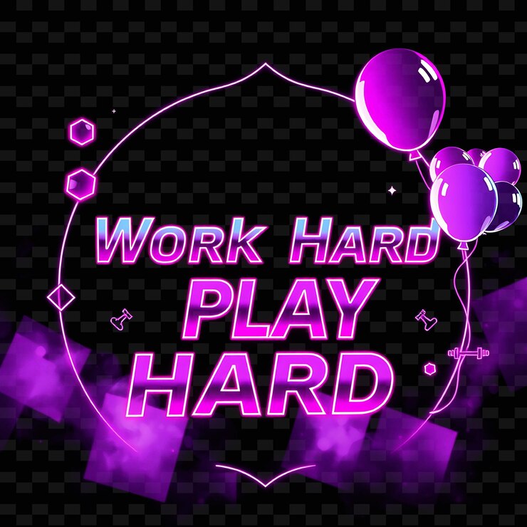 PSD shimmering work hard play hard texto irradia com neon vibrant fuchsia e electric violet pixe