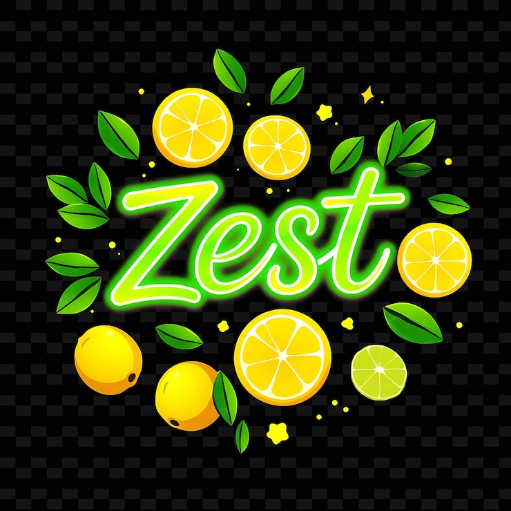 PSD shimmering zest text in neongrün umgeben von zesty zitronen und lim neon yummy typographie designe