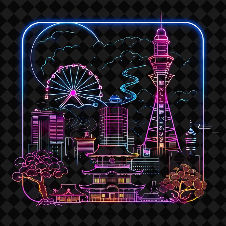 PSD shining neon osaka skyline dentro de una silueta paisaje cuadrado png y2k monoline cityscape colage art