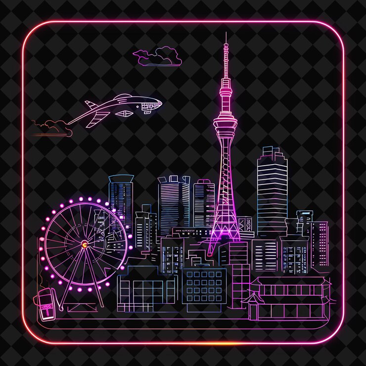 PSD shining neon osaka skyline dentro de una silueta paisaje cuadrado png y2k monoline cityscape colage art