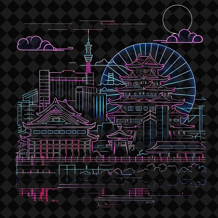 PSD shining neon osaka waterfront dentro de una silueta plaza lan png y2k monolina paisaje de la ciudad arte de collage