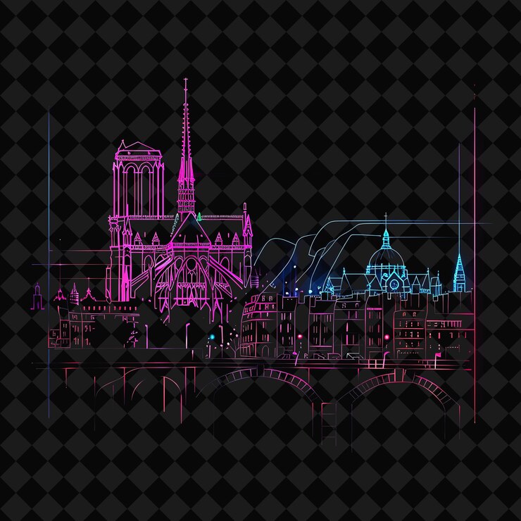 PSD shining neon parís panorama dentro de una silueta de las tierras cuadradas png y2k monoline cityscape collage art