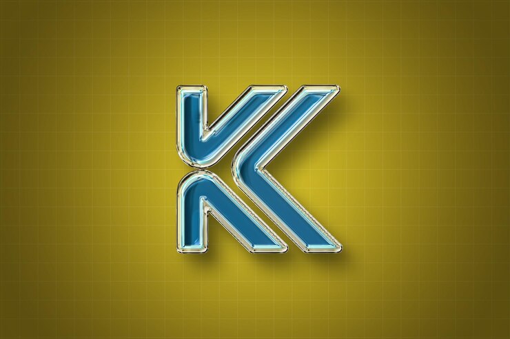 PSD shiny blue kk logo on a golden background