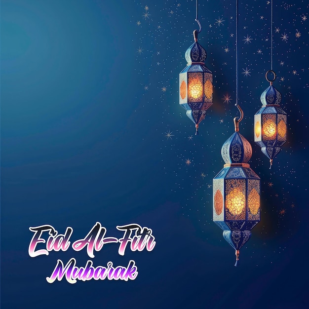 Shiny Eid al fitr festival desidera template di saluto lanterna di Ramadan con sfondo blu
