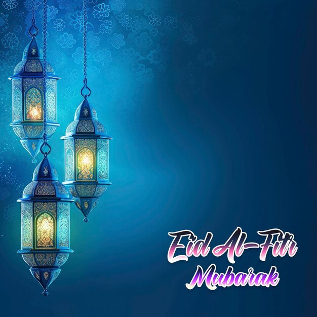 Shiny Eid al fitr festival desidera template di saluto lanterna di Ramadan con sfondo blu