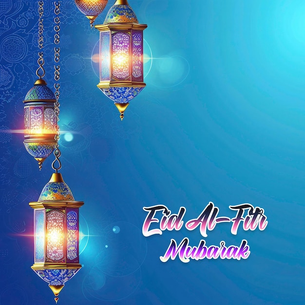 Shiny Eid al fitr festival desidera template di saluto lanterna di Ramadan con sfondo blu