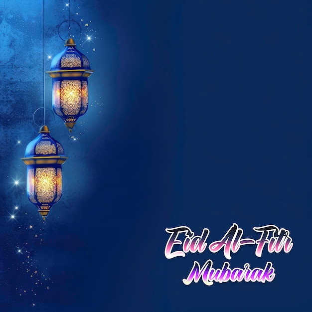 Shiny festival eid al fitr deseja template de saudação lanterna do ramadã com fundo azul