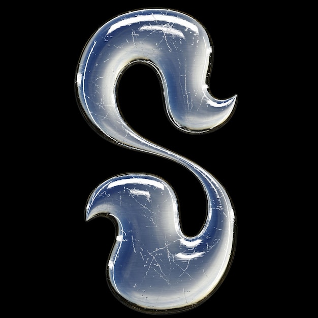 Shiny reflective letter S with a liquid appearance on a black background