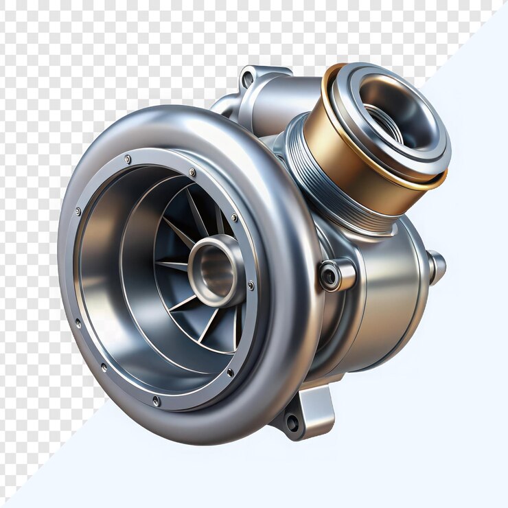 PSD shiny turbocharger showcasing metallic finish and intricate design