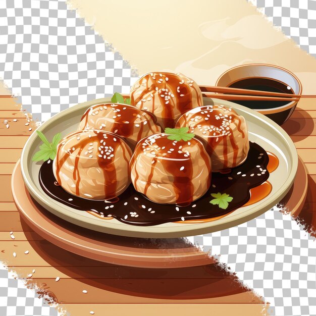 PSD shiratama dango avec une assiette remplie de sauce soja sucrée à fond transparent