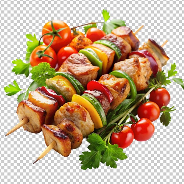 PSD shish kebab con carne y verduras sobre un fondo transparente