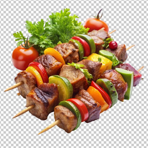 PSD shish kebab con carne y verduras sobre un fondo transparente