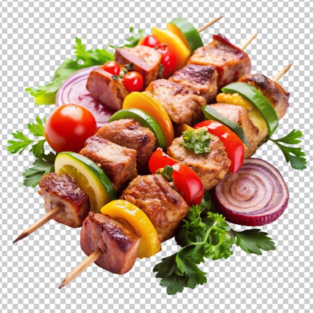 PSD shish kebab con carne y verduras sobre un fondo transparente