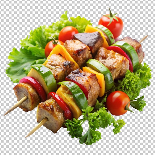 PSD shish kebab com carne e legumes em fundo transparente