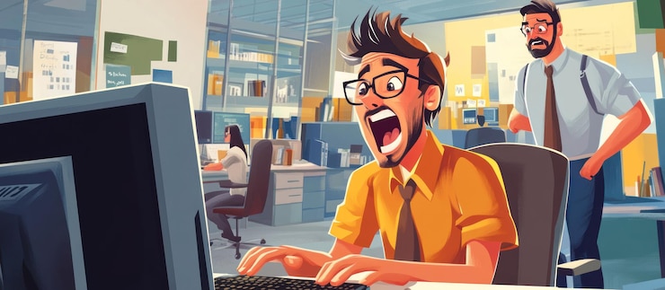 PSD shocked office worker at computer with colleague watching