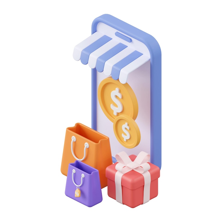 PSD shopping online tramite smartphone illustrazione 3d del marketing di affiliazione di icon
