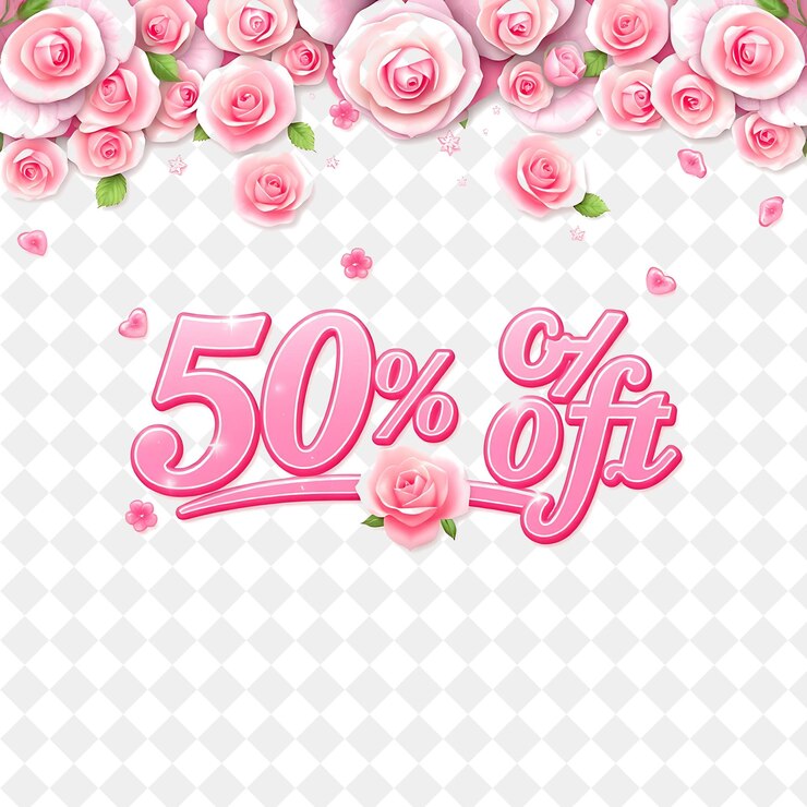 PSD shoujo text 50 off decorado com rosas e brilhos o texto é elegante e flui com rosa e