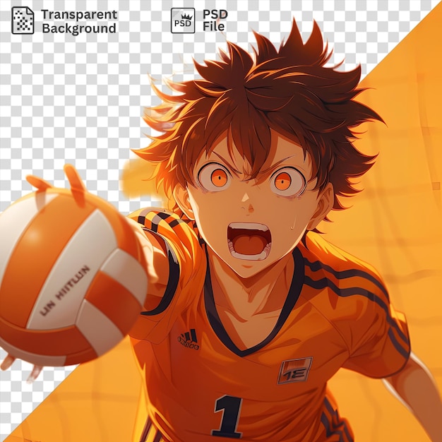 PSD shoyo hinata de haikyuu sosteniendo una pelota de voleibol naranja con una cara y cabello blancos y una boca abierta con una camisa negra y naranja