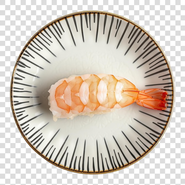 PSD shrimp nigiri présenté sur un plat de céramique japonaise de conception complexe isolé sur un ba transparent