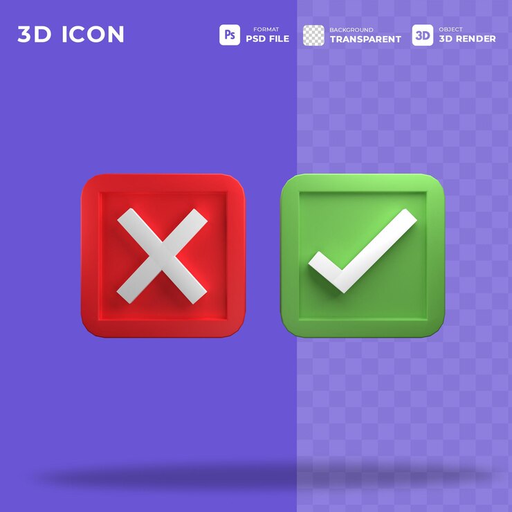 PSD sí y no concepto correcto e incorrecto aprobado y rechazado en símbolo de signo de icono 3d