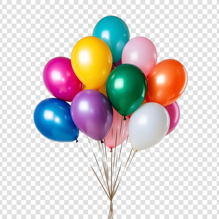 Si osserva un gruppo di palloncini multicolori con corde marroni isolate contro uno sfondo trasparente