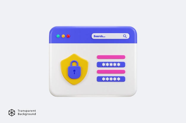 Sichere Login-Seite mit Passwortform auf dem Computer und Vorhängeschloss-Symbol 3D-Rendering